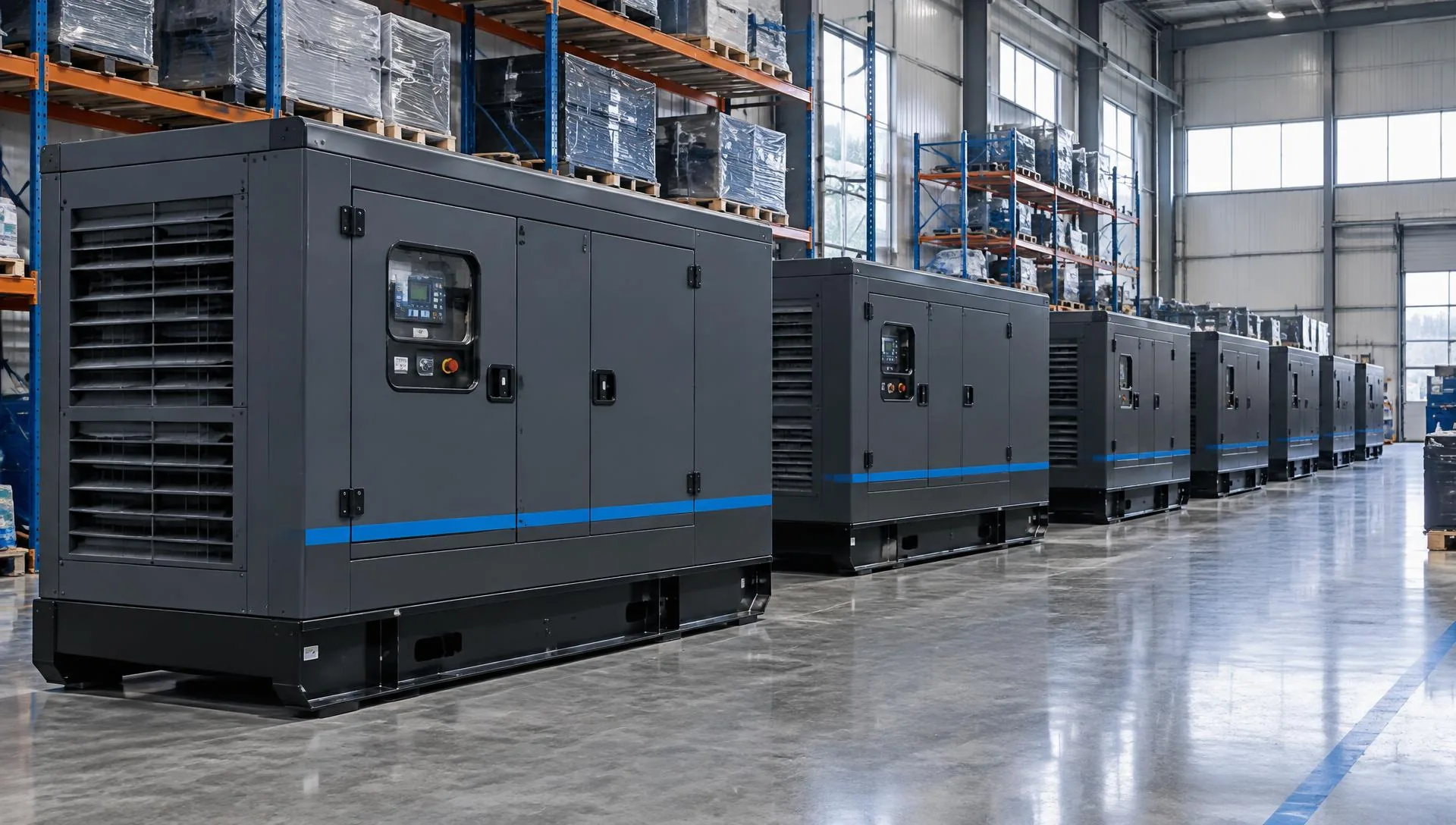 Entrepôt grossiste Globalstock : rangées de groupes électrogènes insonorisés anthracite à liseré bleu